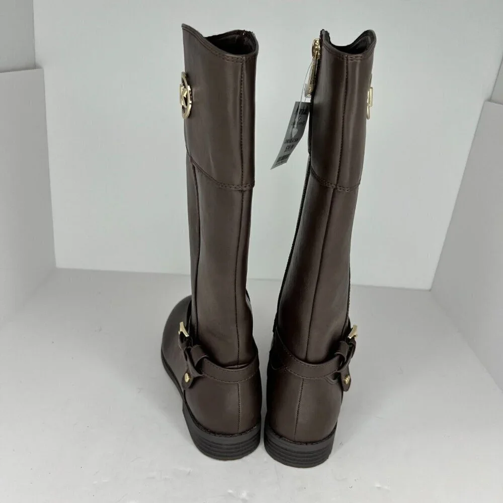 Michael Kors Girls Brown Flat Fully Zip Gold MK Logo Tone Size 3 Riding Boots